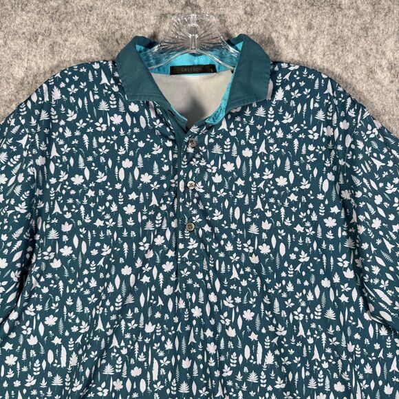 Greyson Shirt Mens Size Large Blue Short Sleeve Golf Polo Floral Pine Leaves - Picture 1 of 10